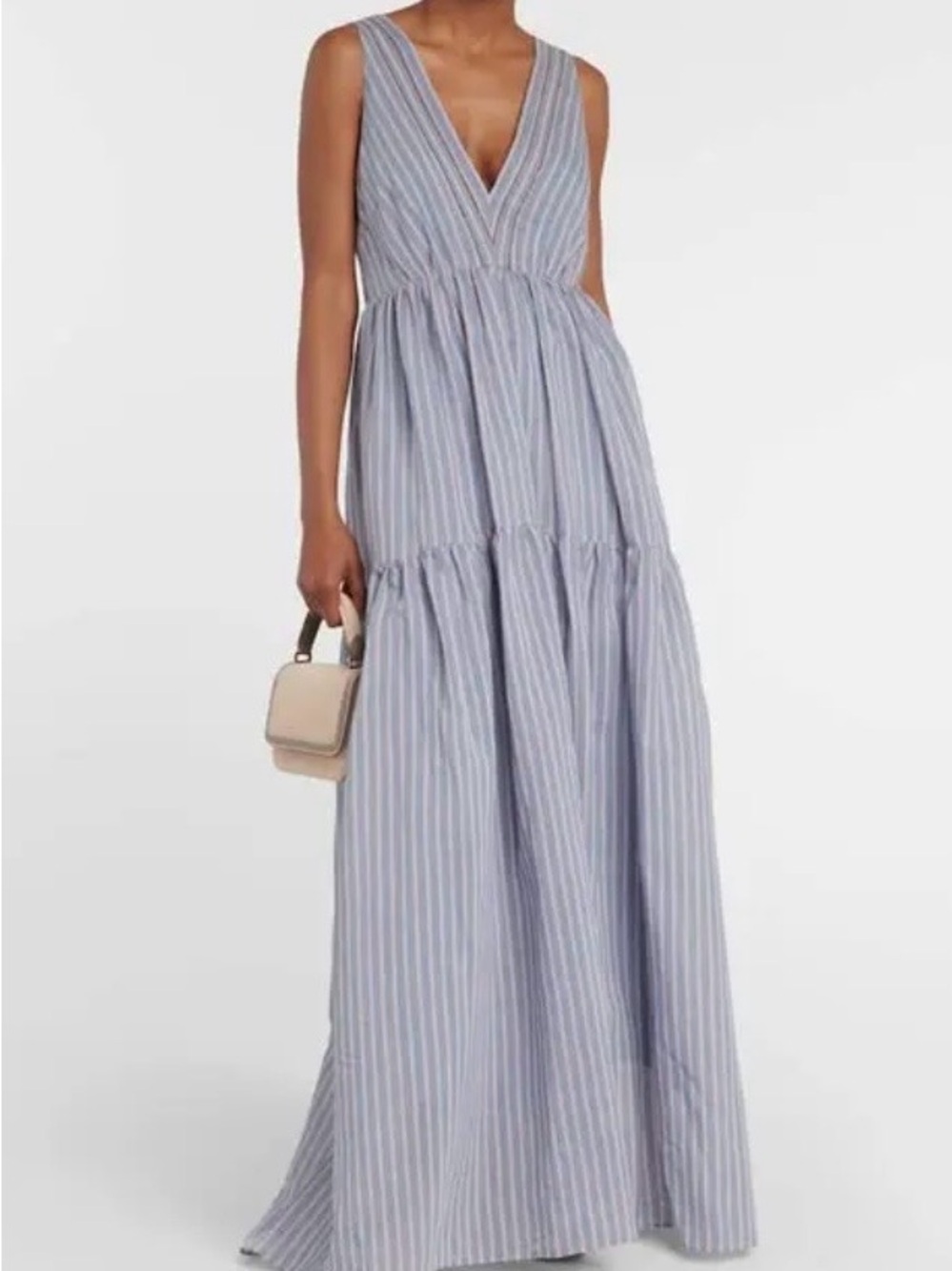 $3895 BRUNELLO CUCINELLI STRIPED COTTON/SILK MAXI DRESS WITH MONILI DETAIL S